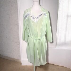Vintage mint green lavender lace Fairycore lingerie slip and robe cottagecore OS
